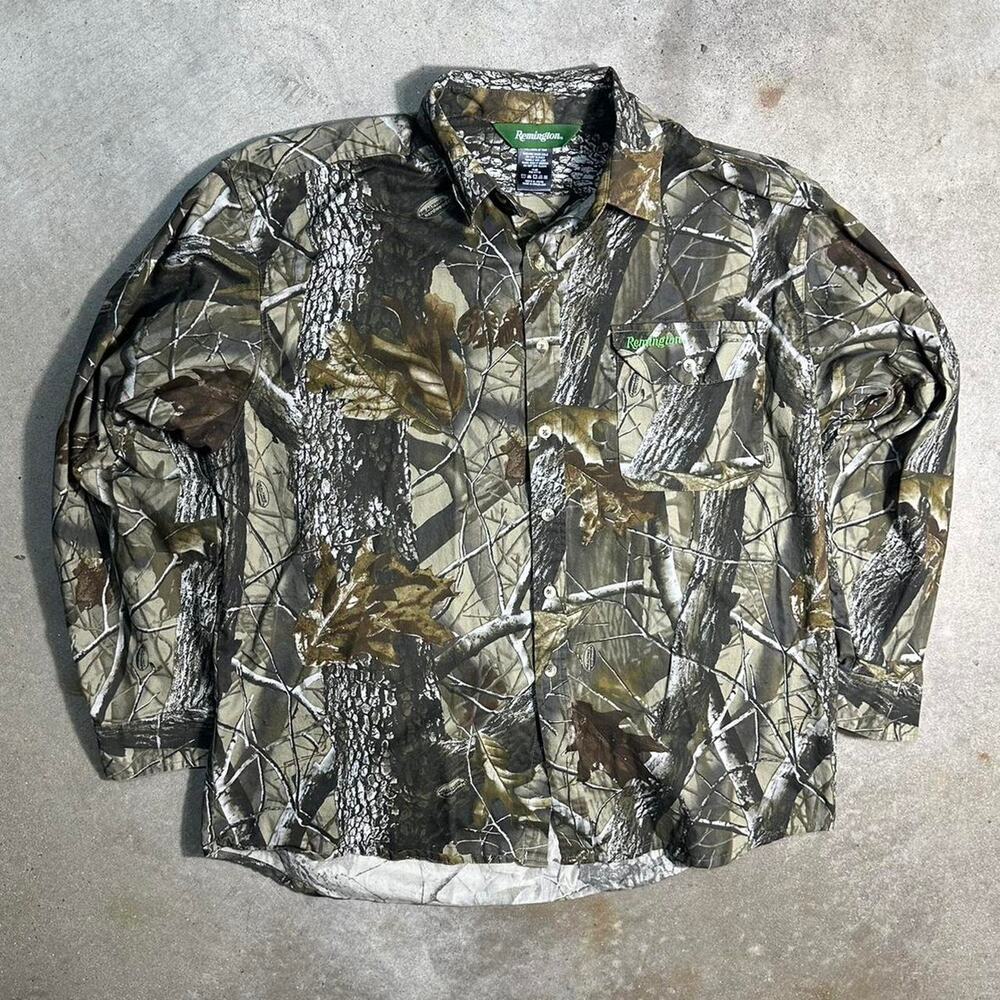 Realtree Camouflage Remington Embroidered Button Up Shirt Mens XL Camo Tee